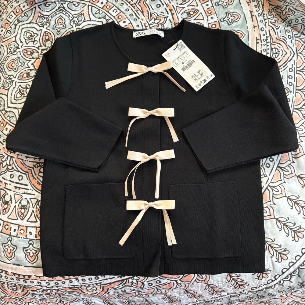 Zara black cardigan with pink ribbon bow size small